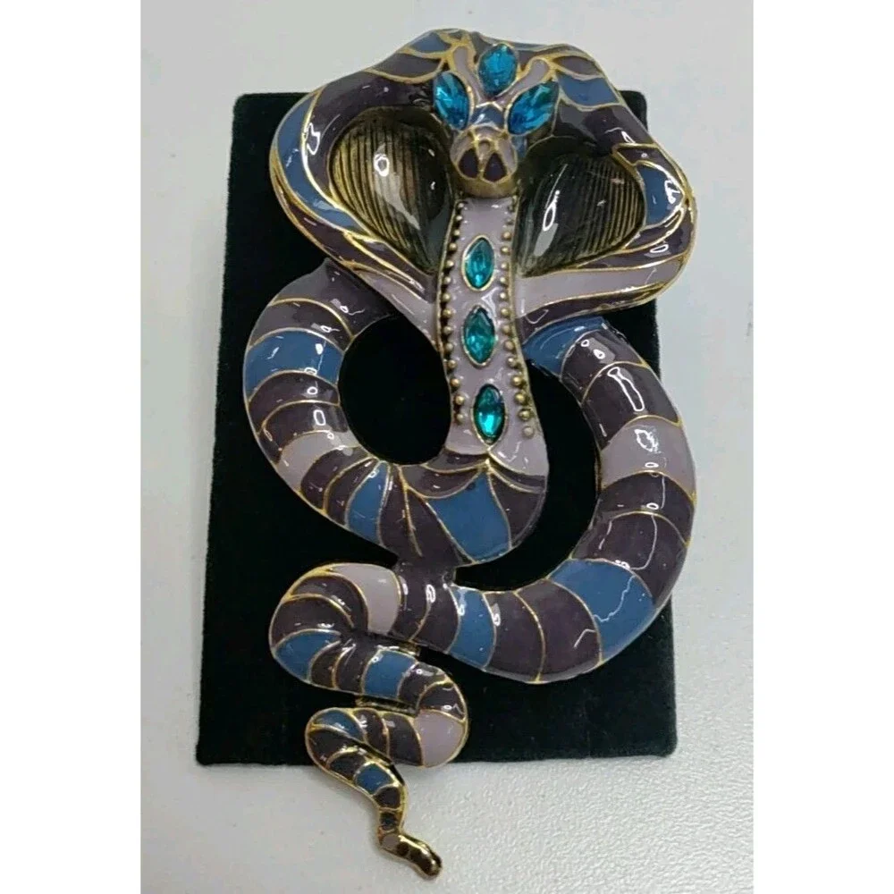 King Cobra Snake Brooch 4” Blue & Gold Tone Cobra Snake Enamel Rhinestone NEW